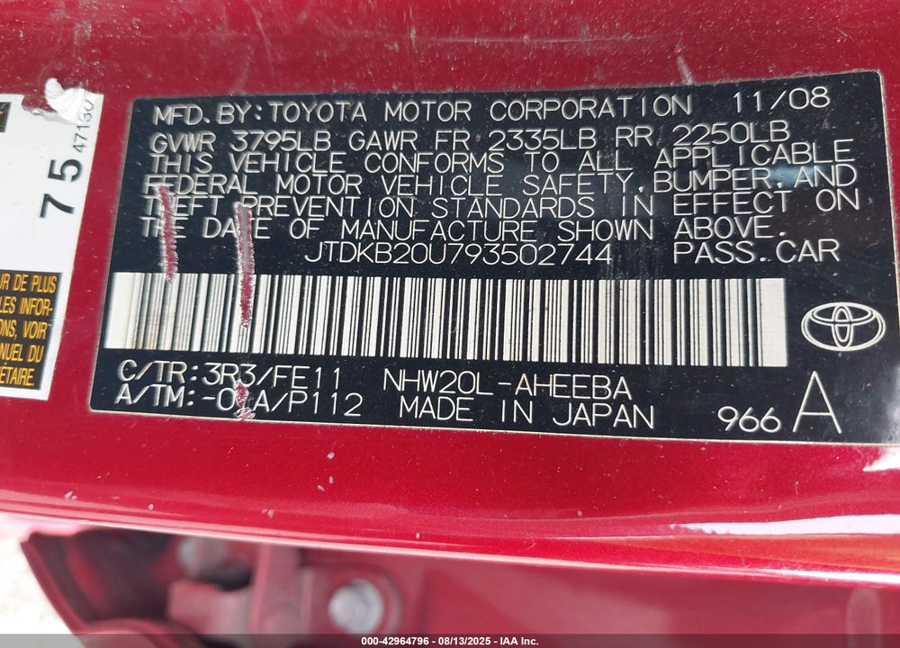 2009 TOYOTA PRIUS VIN: JTDKB20U793502744