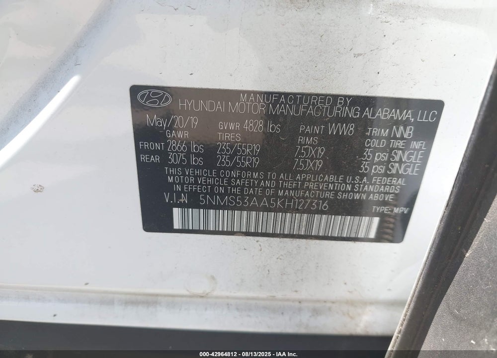 2019 HYUNDAI SANTA FE VIN: 5NMS53AA5KH127316