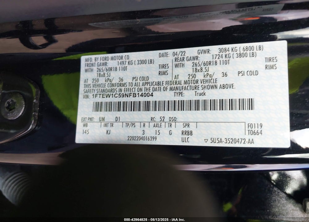 2022 FORD F-150 VIN: 1FTEW1C59NFB14004