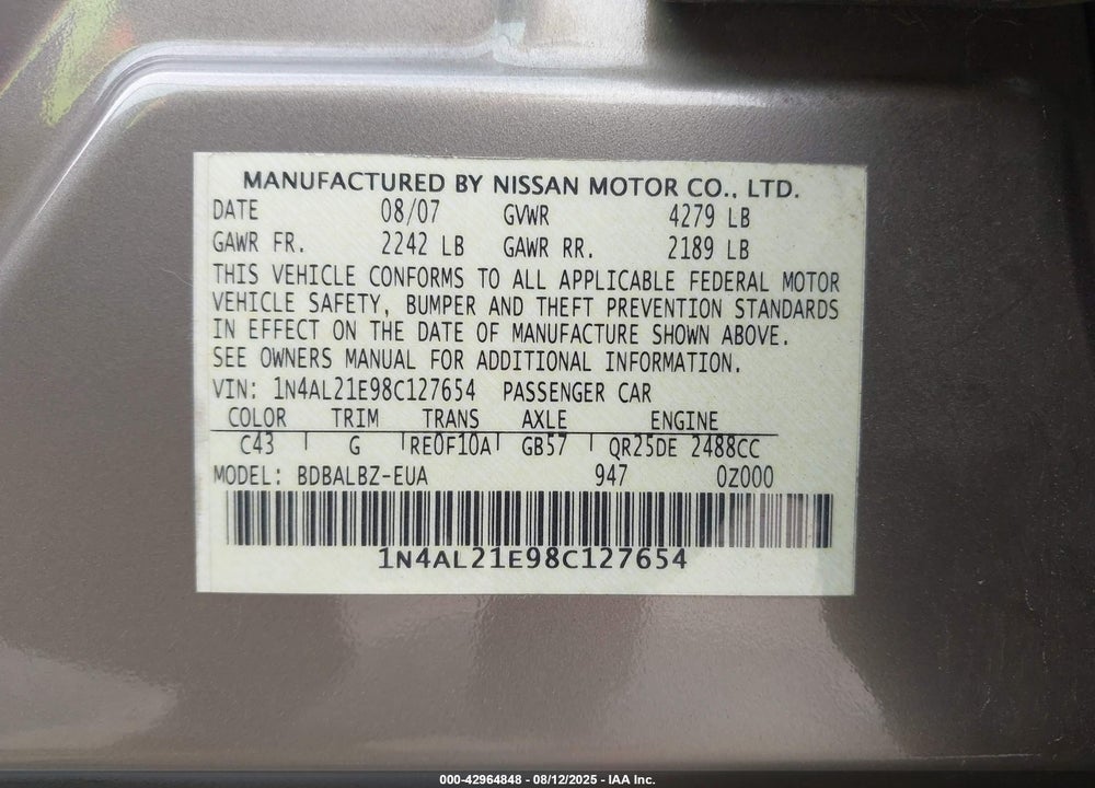 2008 NISSAN ALTIMA 2.5 S VIN: 1N4AL21E98C127654