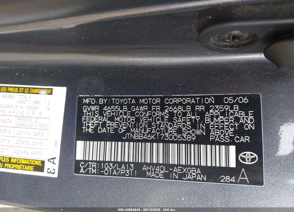 2007 TOYOTA CAMRY HYBRID VIN: JTNBB46K173005389