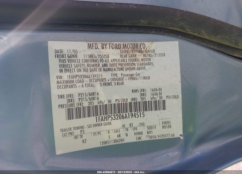 2006 FORD TAURUS SE VIN: 1FAHP53206A194515