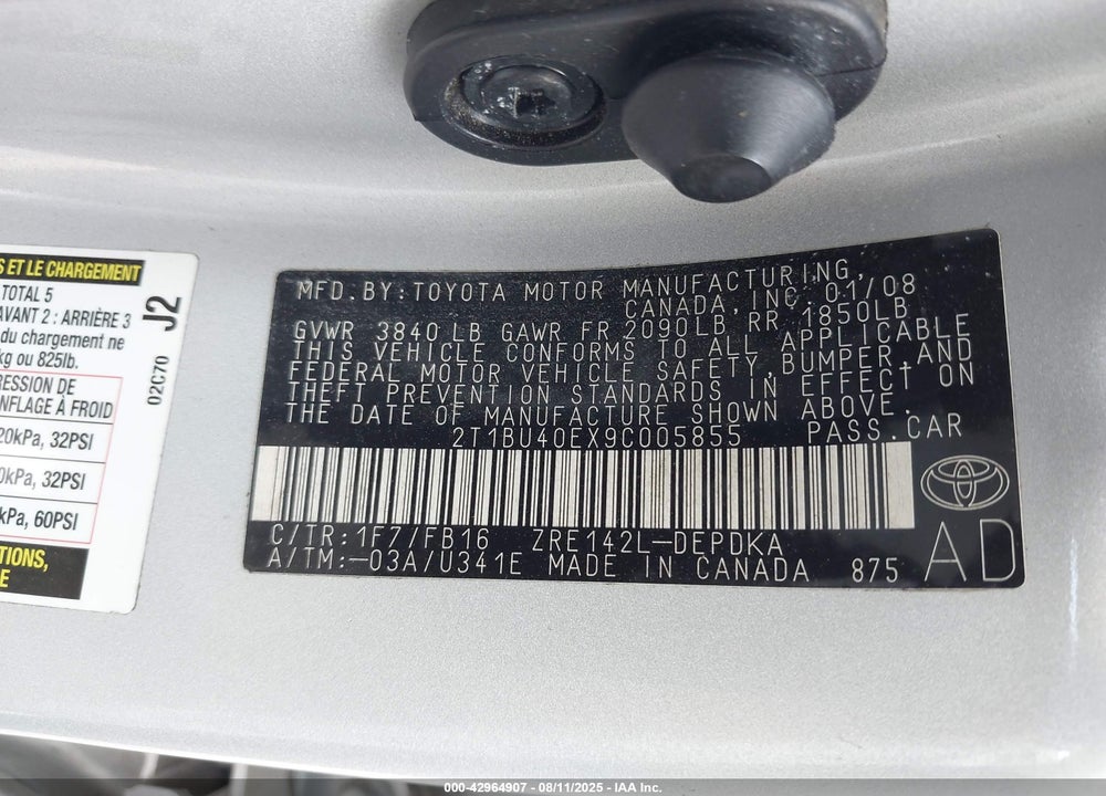 2009 TOYOTA COROLLA VIN: 2T1BU40EX9C005855