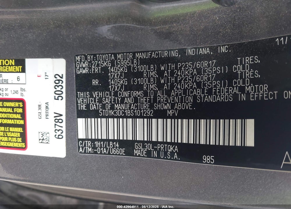 2011 TOYOTA SIENNA XLE V6 VIN: 5TDYK3DC1BS101292