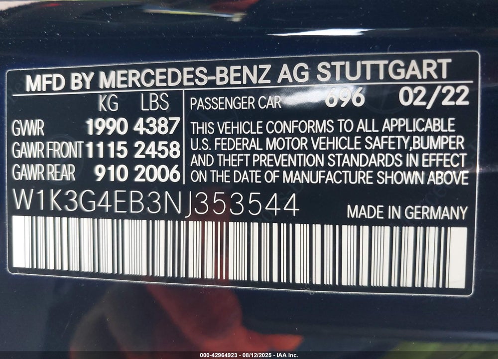 2022 MERCEDES-BENZ A-CLASS VIN: W1K3G4EB3NJ353544