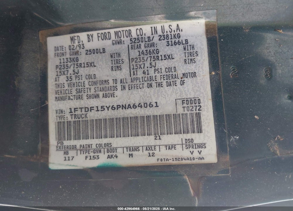 1993 FORD F150 VIN: 1FTDF15Y6PNA64061