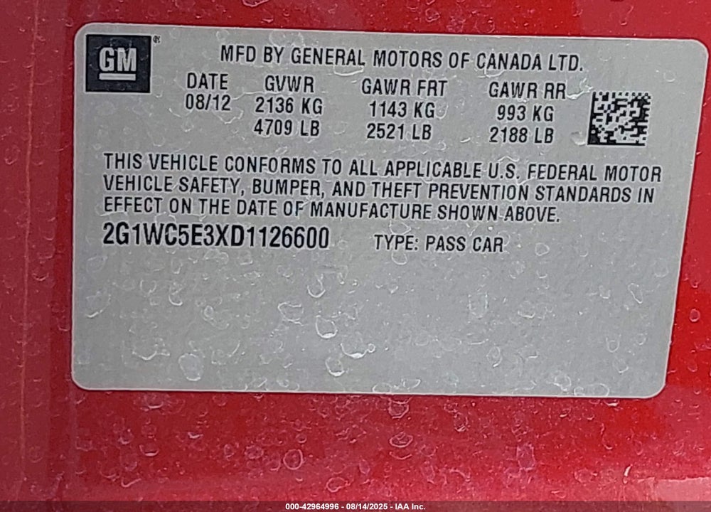 2013 CHEVROLET IMPALA VIN: 2G1WC5E3XD1126600