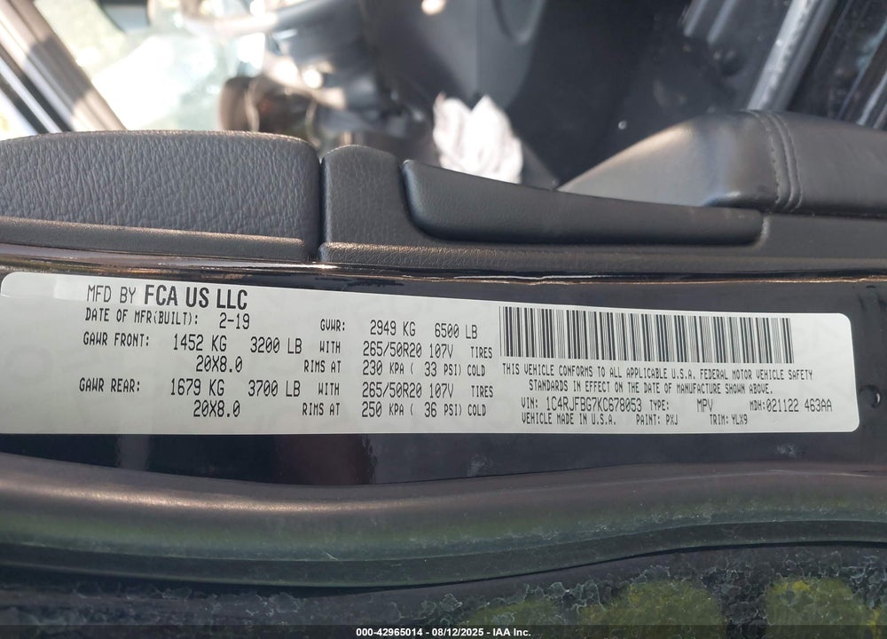 2019 JEEP GRAND CHEROKEE VIN: 1C4RJFBG7KC678053