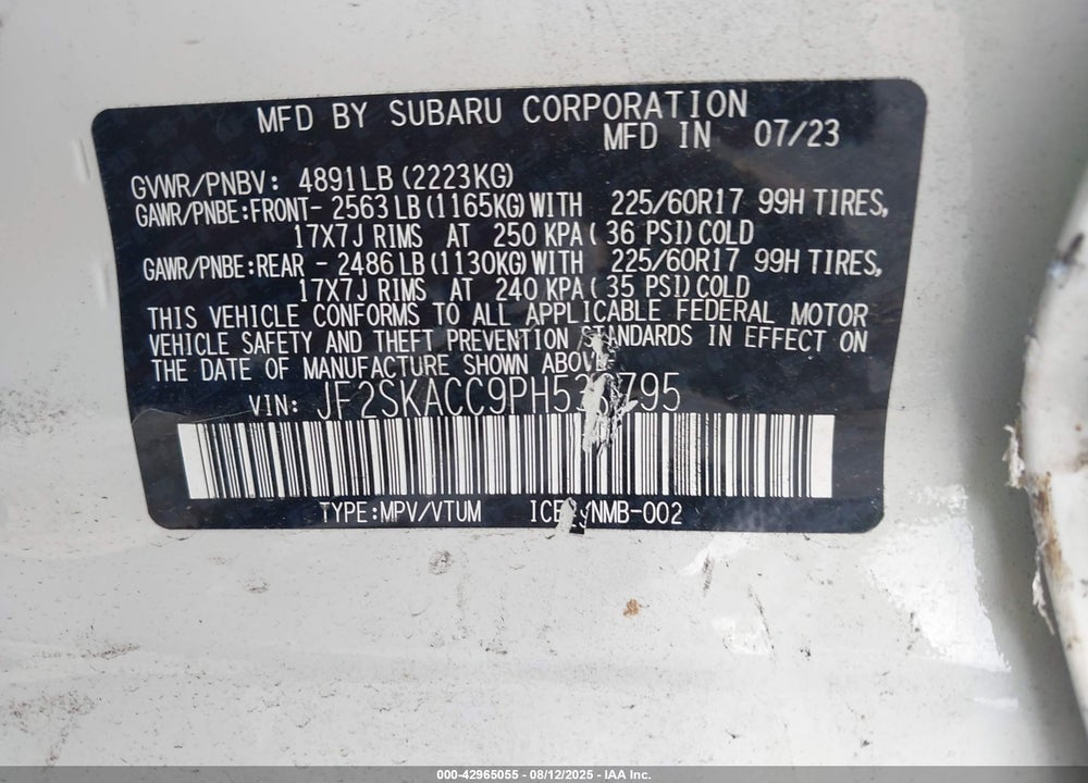 2023 SUBARU FORESTER VIN: JF2SKACC9PH536795