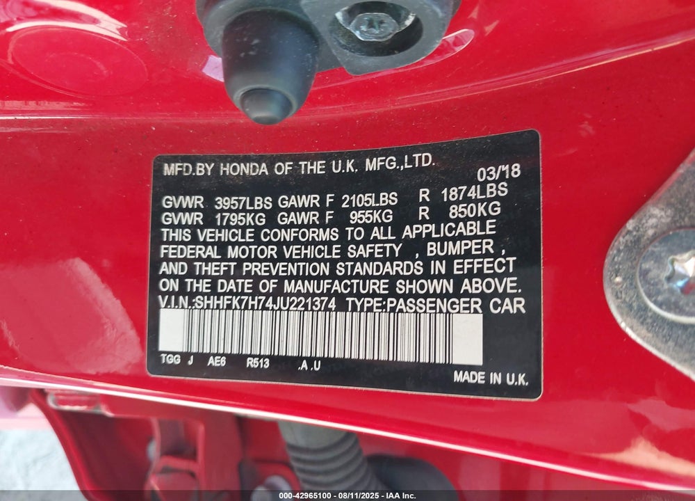 2018 HONDA CIVIC VIN: SHHFK7H74JU221374