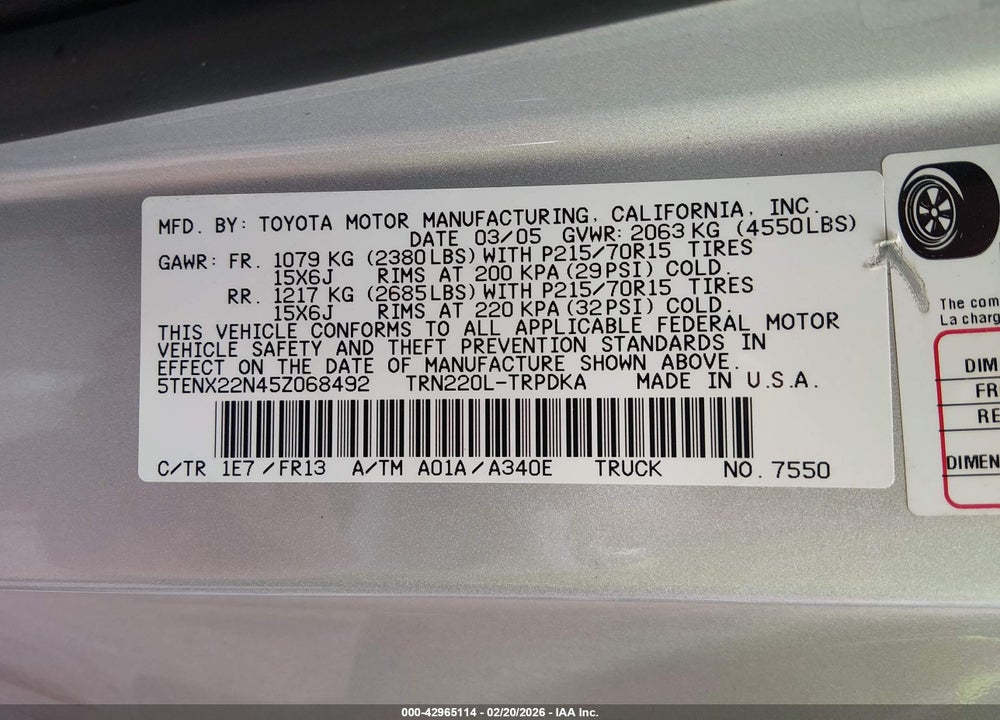2005 TOYOTA TACOMA VIN: 5TENX22N45Z068492