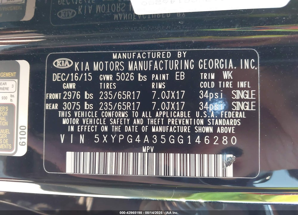 2016 KIA SORENTO VIN: 5XYPG4A35GG146280