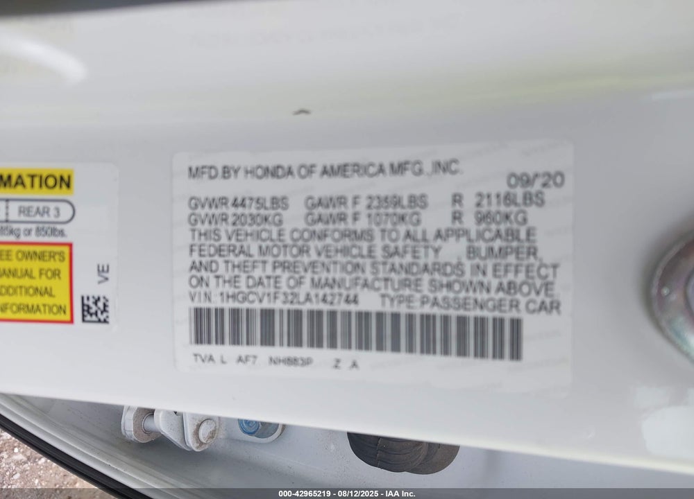 2020 HONDA ACCORD VIN: 1HGCV1F32LA142744
