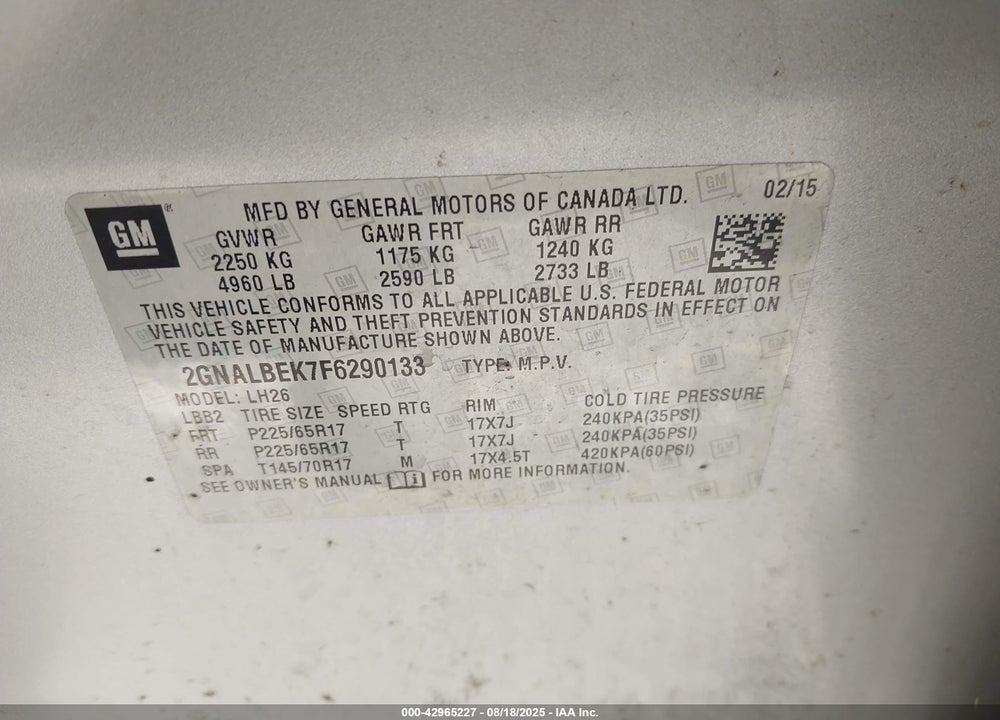 2015 CHEVROLET EQUINOX 1LT VIN: 2GNALBEK7F6290133