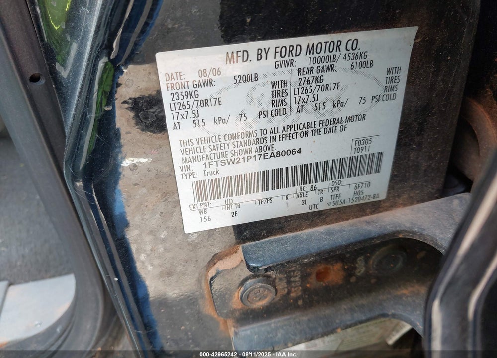 2007 FORD F-250 VIN: 1FTSW21P17EA80064