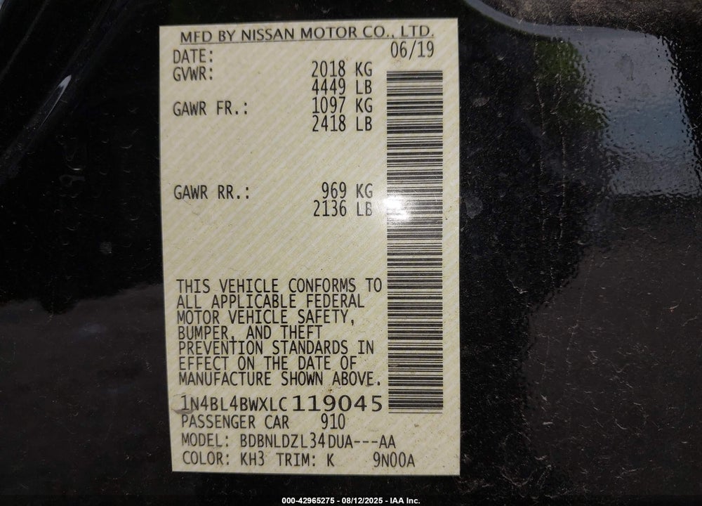 2020 NISSAN ALTIMA VIN: 1N4BL4BWXLC119045