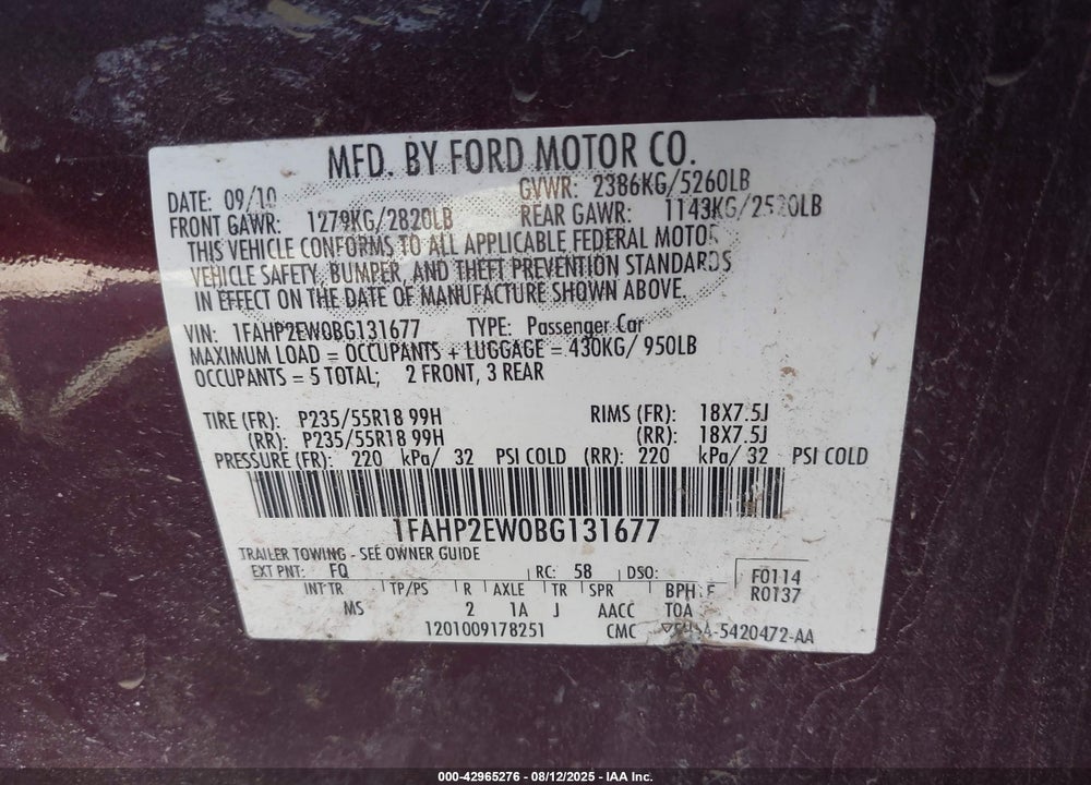 2011 FORD TAURUS SEL VIN: 1FAHP2EW0BG131677