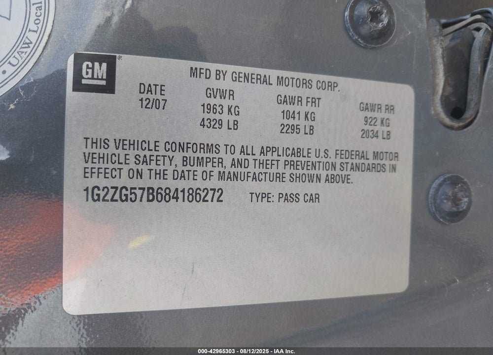 2008 PONTIAC G6 VIN: 1G2ZG57B684186272