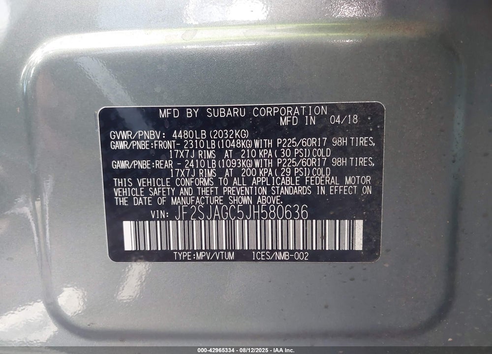 2018 SUBARU FORESTER VIN: JF2SJAGC5JH580636