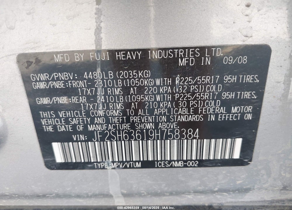 2009 SUBARU FORESTER VIN: JF2SH63619H758384