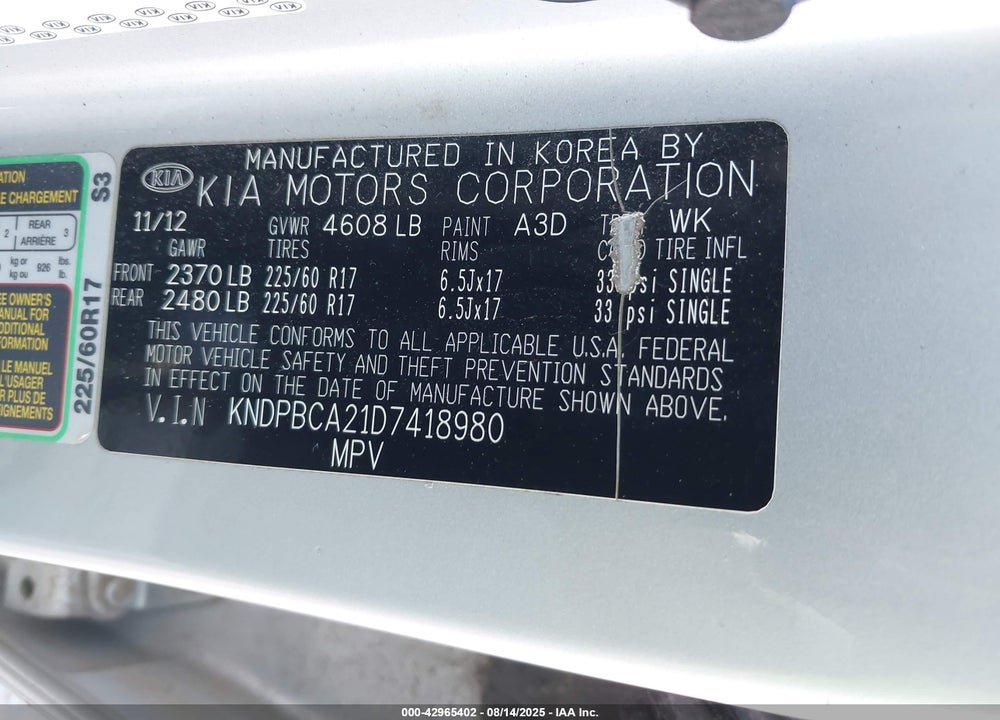 2013 KIA SPORTAGE VIN: KNDPBCA21D7418980