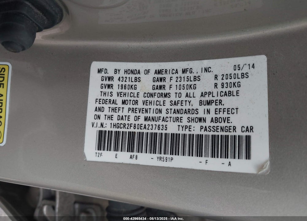 2014 HONDA ACCORD VIN: 1HGCR2F80EA237635