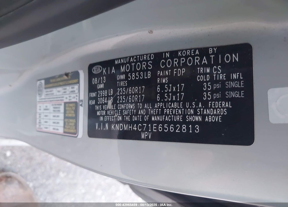 2014 KIA SEDONA VIN: KNDMH4C71E6562813