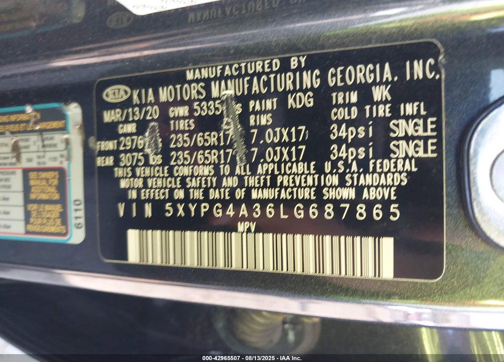 2020 KIA SORENTO VIN: 5XYPG4A36LG687865