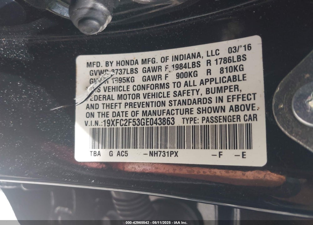 2016 HONDA CIVIC LX VIN: 19XFC2F53GE043863