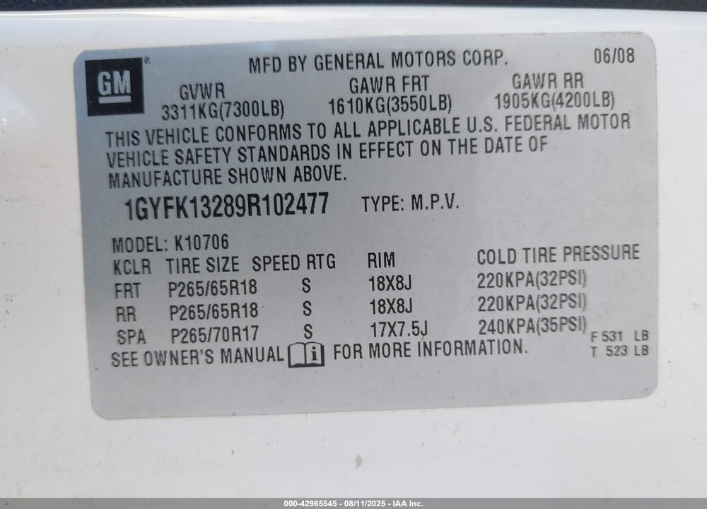 2009 CADILLAC ESCALADE VIN: 1GYFK13289R102477
