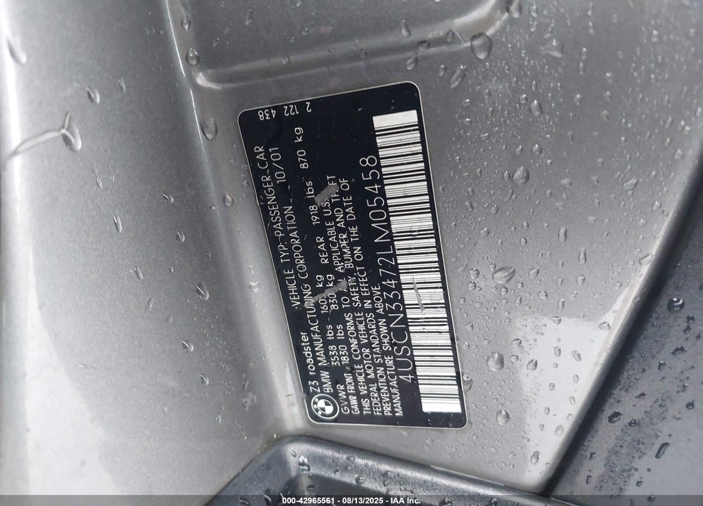 2002 BMW Z3 2.5I VIN: 4USCN33472LM05458