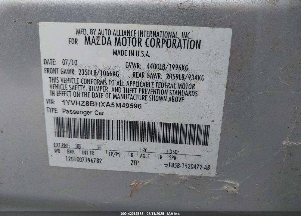 2010 MAZDA 6 I SPORT VIN: 1YVHZ8BHXA5M49596