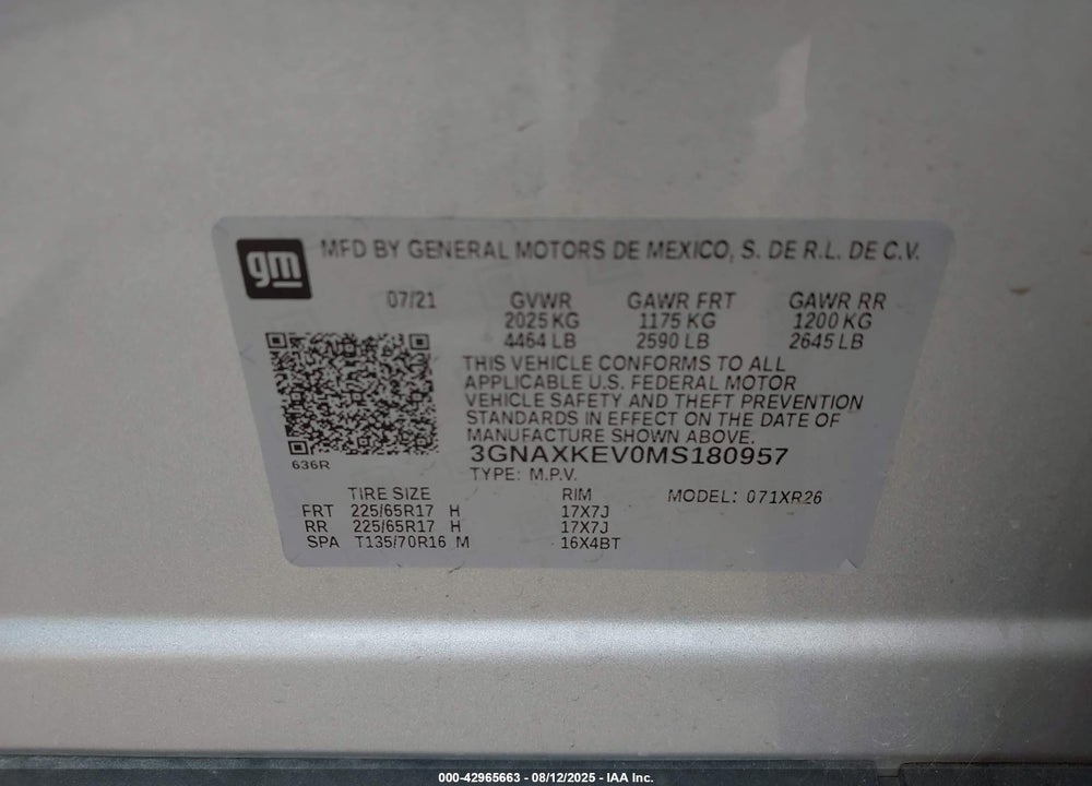 2021 CHEVROLET EQUINOX VIN: 3GNAXKEV0MS180957