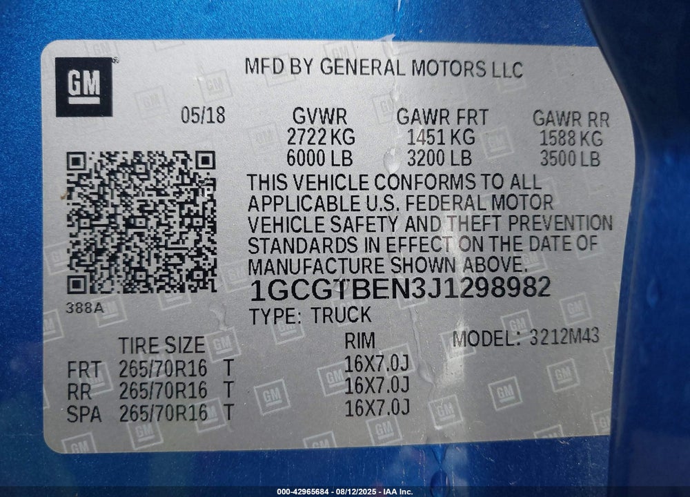 2018 CHEVROLET COLORADO VIN: 1GCGTBEN3J1298982