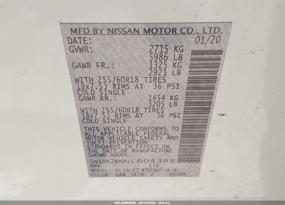 2020 NISSAN PATHFINDER SV 2WD VIN: 5N1DR2BNXLC604388