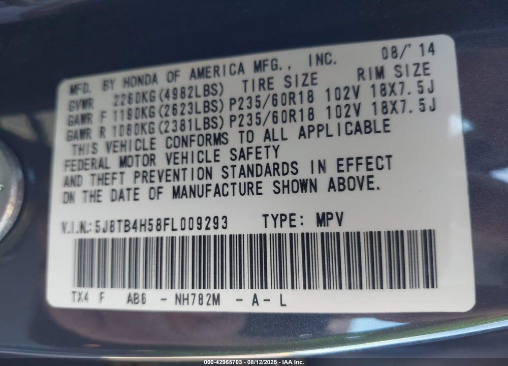 2015 ACURA RDX VIN: 5J8TB4H58FL009293