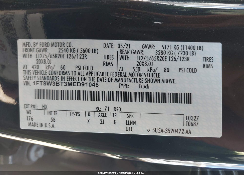 2021 FORD F-350 LARIAT VIN: 1FT8W3BT3MED91048