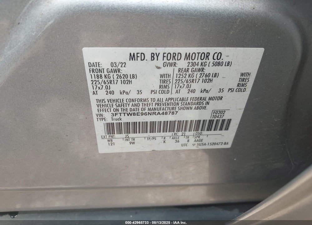 2022 FORD MAVERICK VIN: 3FTTW8E96NRA48787