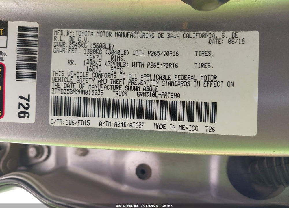 2017 TOYOTA TACOMA VIN: 3TMDZ5BN2HM013239