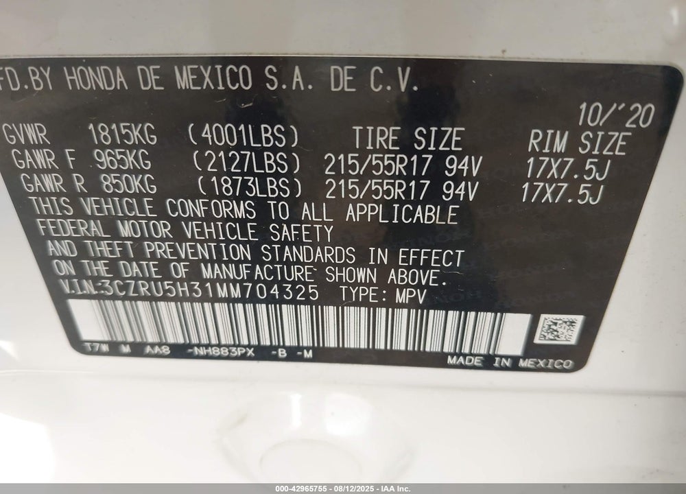 2021 HONDA HR-V VIN: 3CZRU5H31MM704325