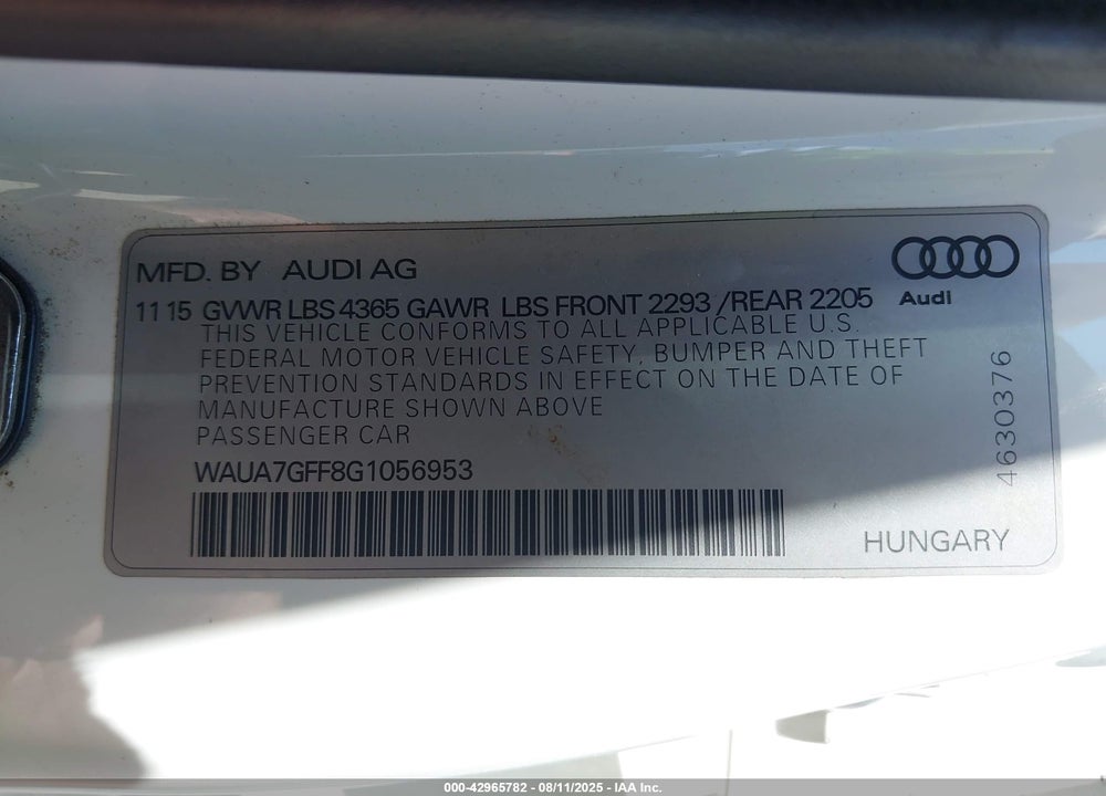 2016 AUDI A3 VIN: WAUA7GFF8G1056953