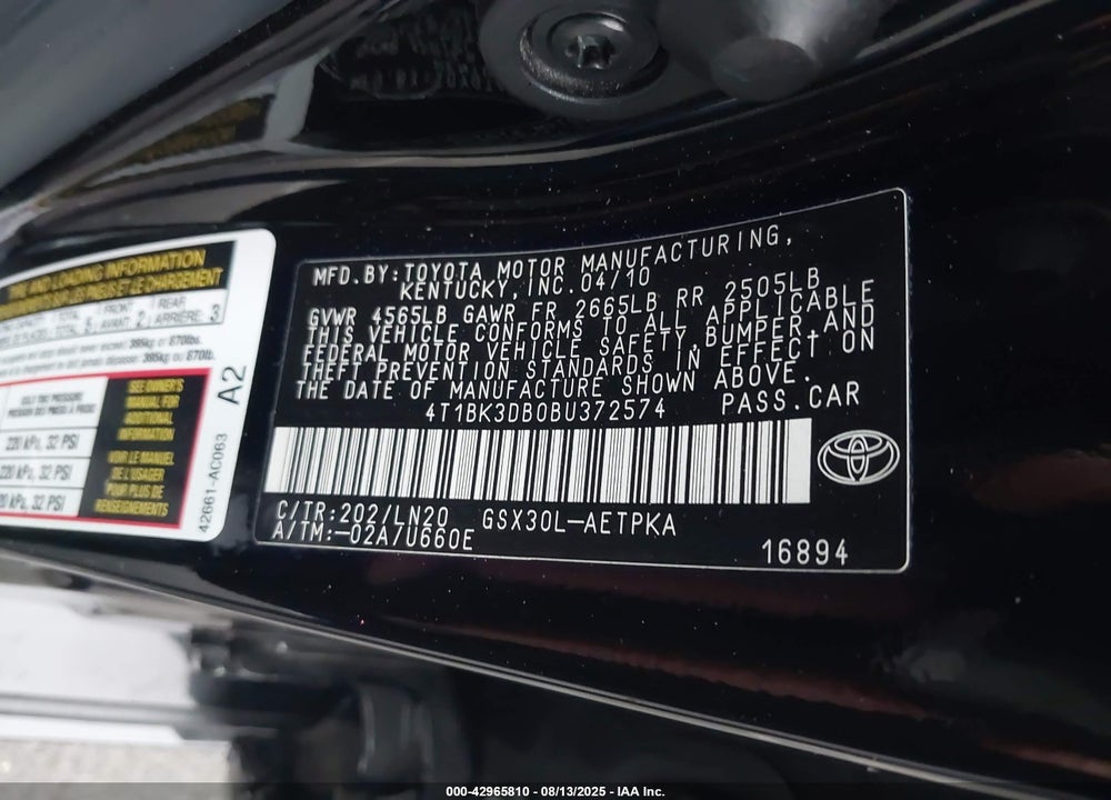 2011 TOYOTA AVALON VIN: 4T1BK3DB0BU372574