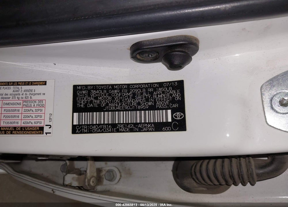 2013 TOYOTA COROLLA VIN: JTDBU4EE9DJ118959