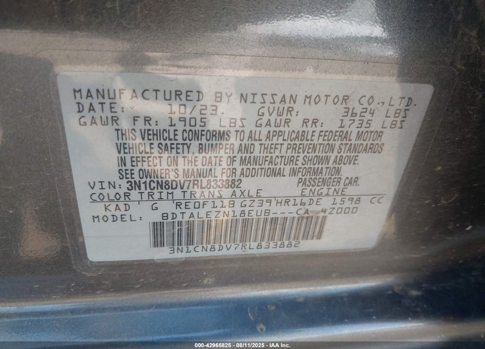 2024 NISSAN VERSA VIN: 3N1CN8DV7RL833882