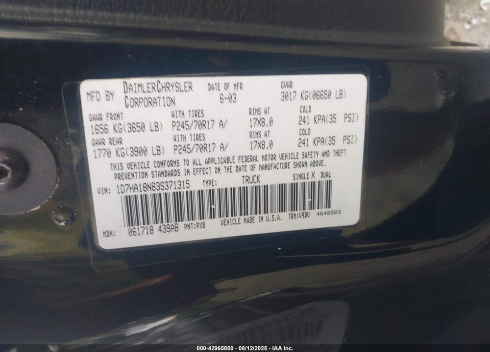 2003 DODGE RAM 1500 SLT/LARAMIE/ST VIN: 1D7HA18N83S371315