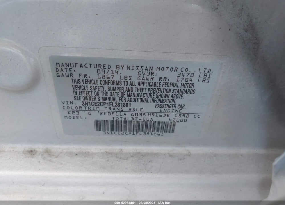2015 NISSAN VERSA NOTE VIN: 3N1CE2CP1FL381861