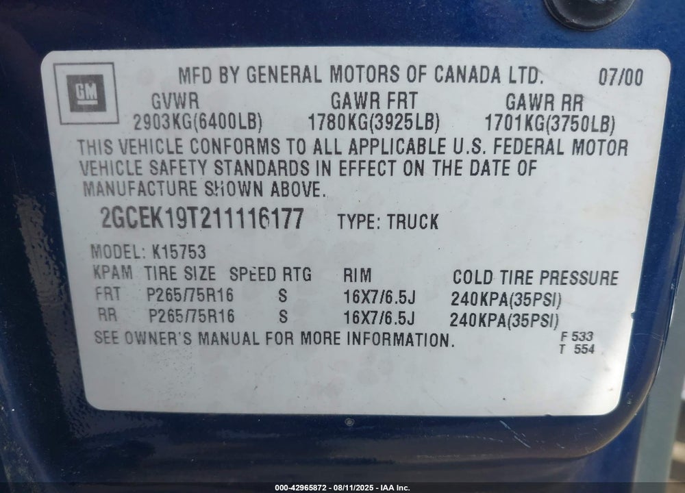 2001 CHEVROLET SILVERADO 1500 LS VIN: 2GCEK19T211116177