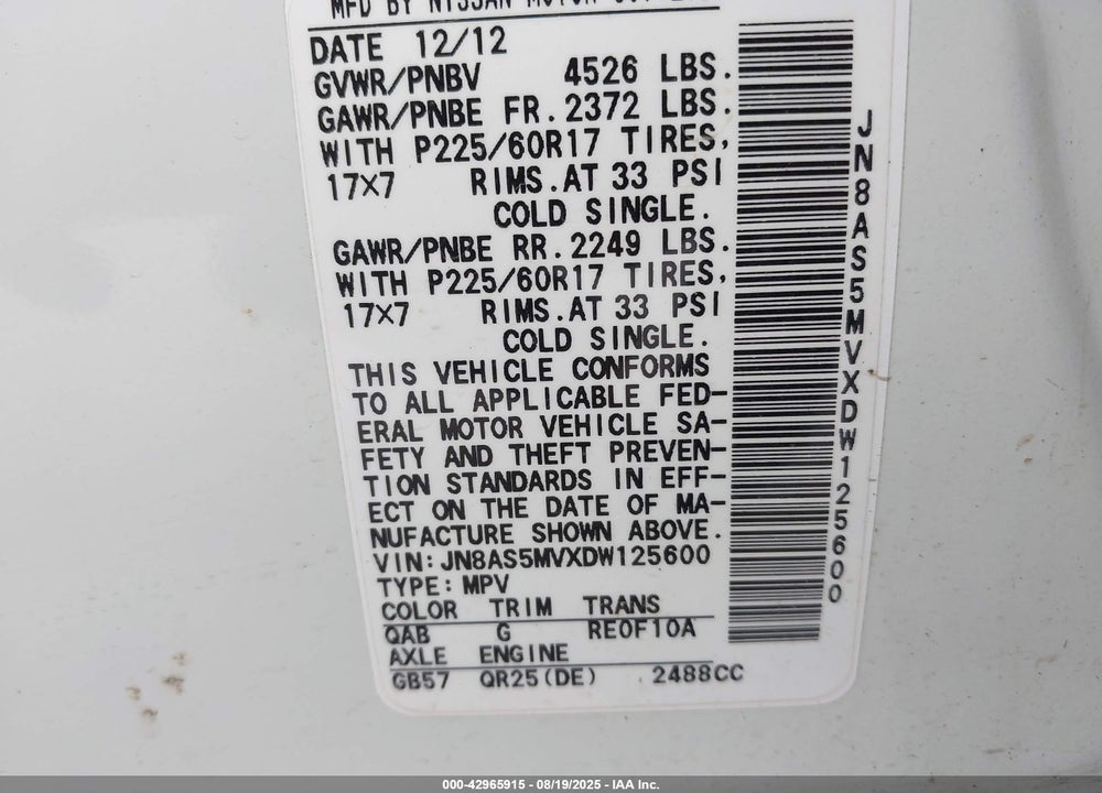 2013 NISSAN ROGUE VIN: JN8AS5MVXDW125600