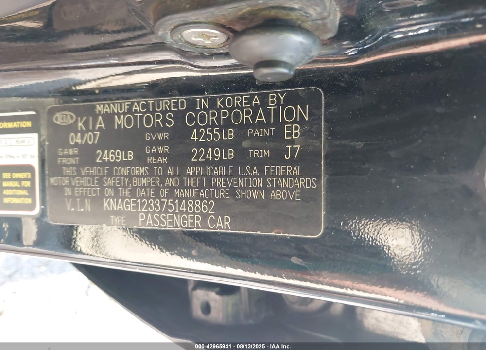 2007 KIA OPTIMA LX VIN: KNAGE123375148862