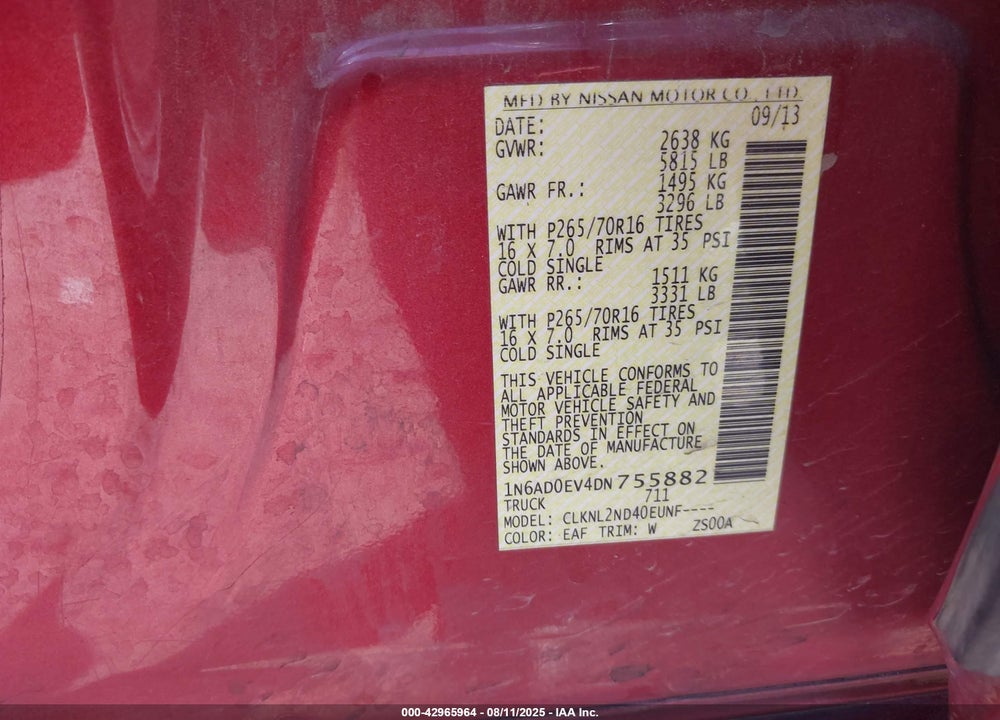 2013 NISSAN FRONTIER SV VIN: 1N6AD0EV4DN755882
